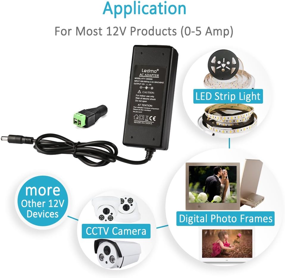 LEDMO Power Supply, Transformers, LED Adapter, 12V, 5A Max, 60 Watt Max, for LED Strip - - 