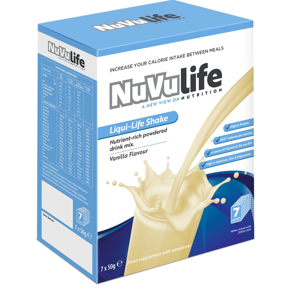 NuVu Life, Liquid-Life Shake. High Calorie, High Protein, Nutrient Rich Powdered Drink Mix for Weight Gain or Meal Replacement (50 g (Pack of 7), Vanilla)