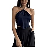 Floerns Women's Going Out Satin Halter Tops Tie Open Back Asymmetrical Party Rave Crop Silk Top