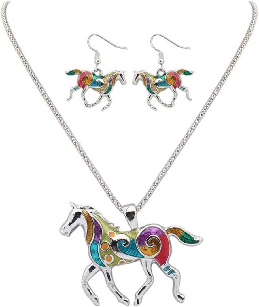 Kiokioa Necklace Earring Set Elegant Enamel Festoon Silver Horse Chain Necklace
