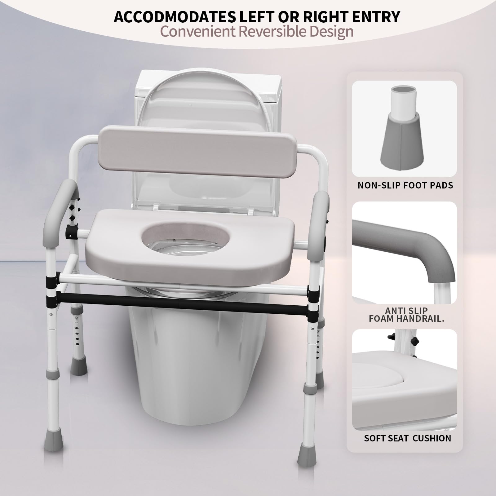 Adjustable Medical Bedside Commode Chair with Padded Backrest, Drop Arm Support, Height Adjustable, Gray