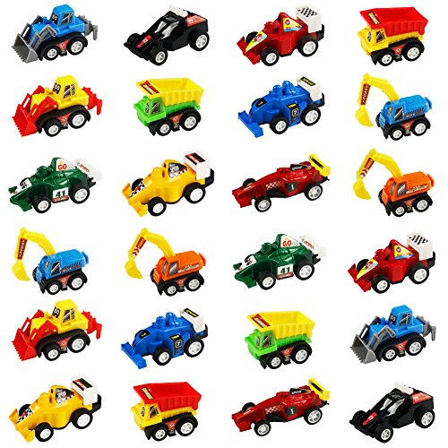 Jerryvon Pull-Back Vehicles| Mini Toy Cars 24 Pack Assorted Trucks and Raced Car Toy Set with 2 Sets Dumps Tru