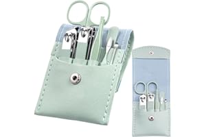 AFLICT Manicure Set - 7 Pieces Professional Travel Nail Clippers with Green Leather Bag, Stainless Steel Nail Care Tools Grooming Kit for Women