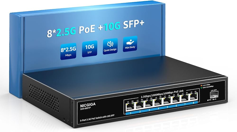 NICGIGA 8 Port 2.5G PoE Switch 120W 10G SFP Unmanaged IEEE802.3af/at 2.5GbE
