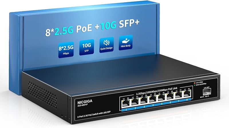 NICGIGA 8 Port 2.5G PoE Switch 120W 10G SFP Unmanaged IEEE802.3af/at 2.5GbE