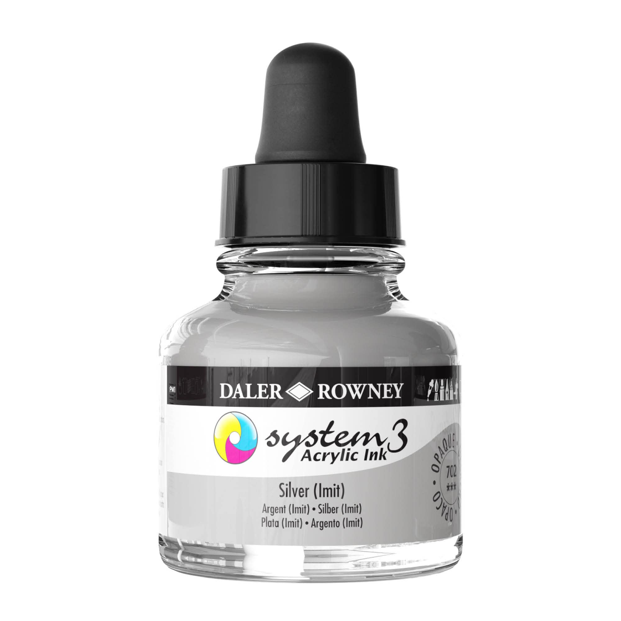 Daler-Rowney System3 Acrylic Ink, Glass Bottle with Dropper, Opaque, 1oz - 29.5 ml, Silver Imitation