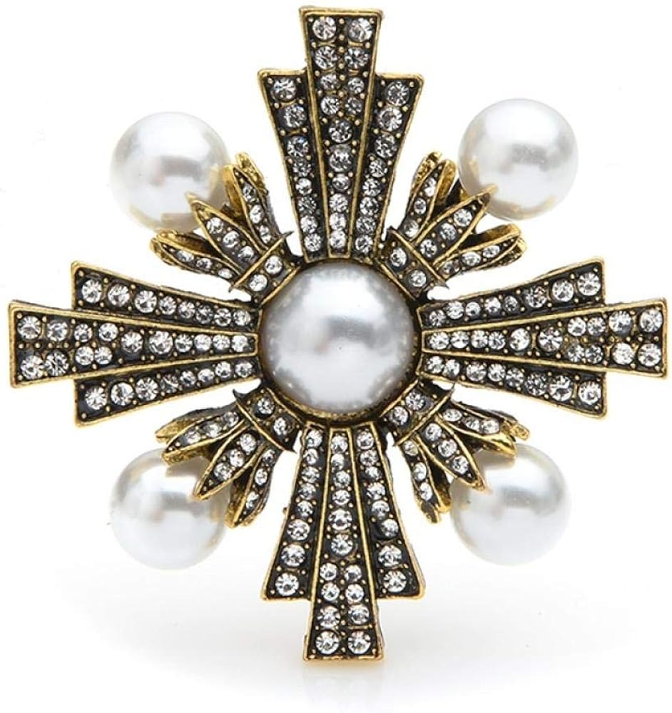 Brooches Vintage Pearl Cross Brooches Women Retro Gold Rhinestone Cross