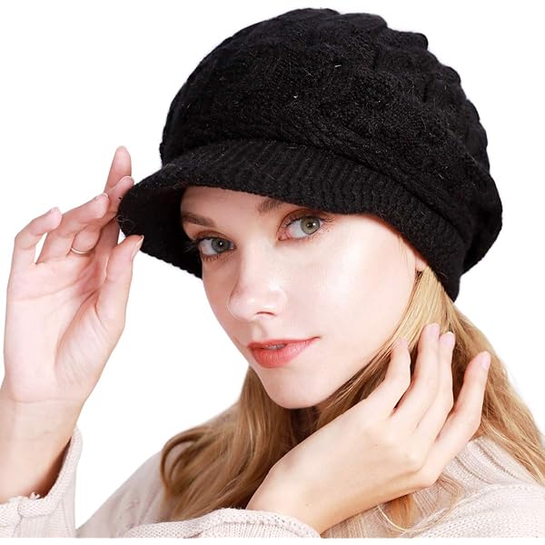 Women Winter Knit Hats with Visor Brim Double Layer Fleece  display picture 3