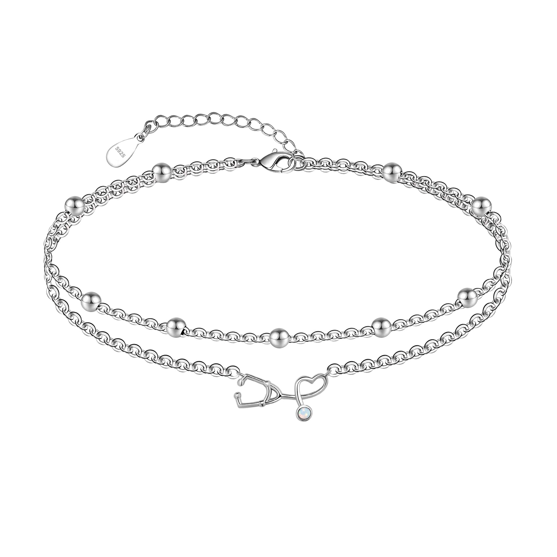 CHIC & ARTSY 925 Sterling Silver Nurse Layered Anklet for Women - Adjustable Double Layer Chain Bracelet