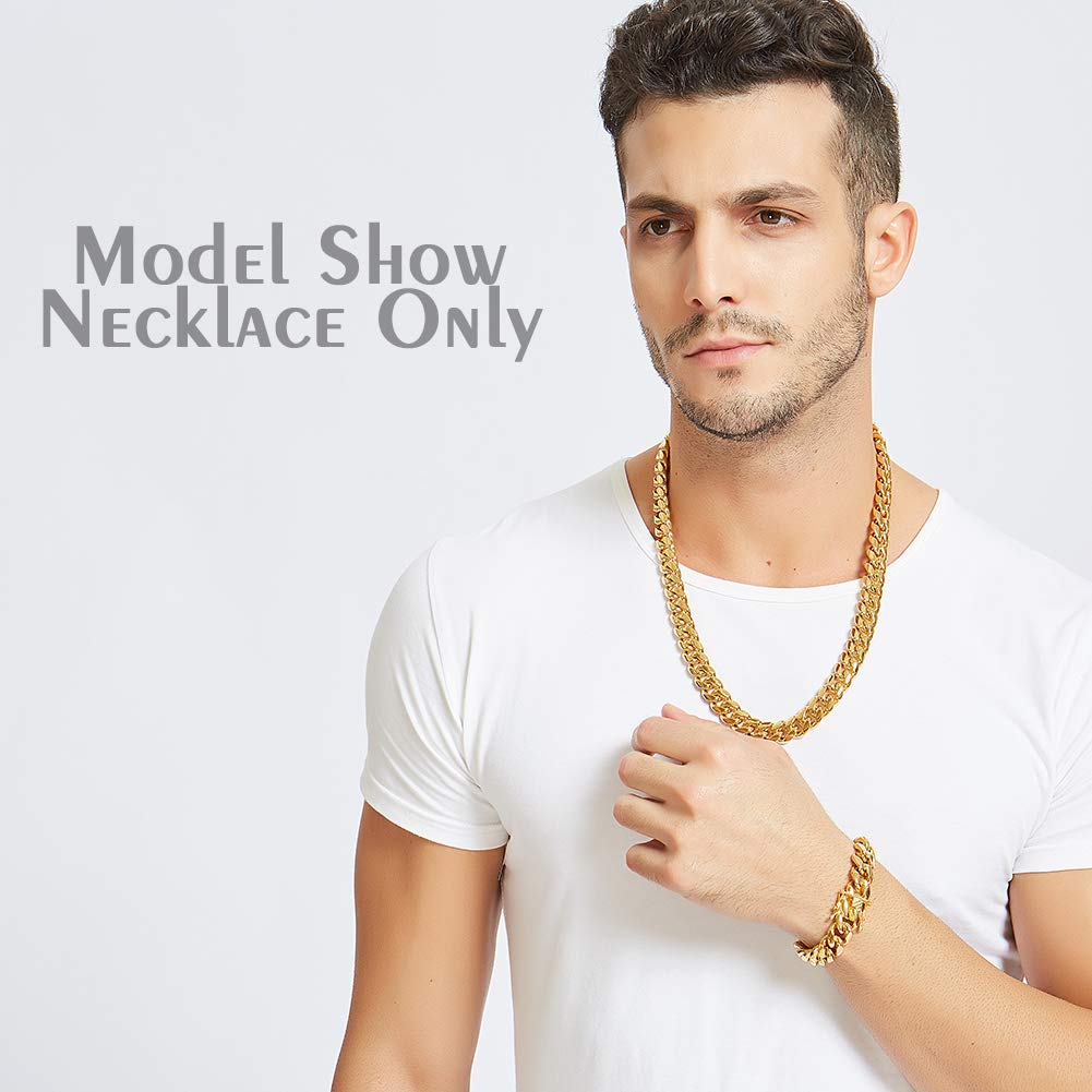 Jewelry Kingdom 1 Necklace and Bracelet for Men, 24K Gold Cuban Link Chain, Big and Heavy Miami Chain, 15MM Stainless Steel Curb Chain Choker for Boys and Bikers 8-30inches