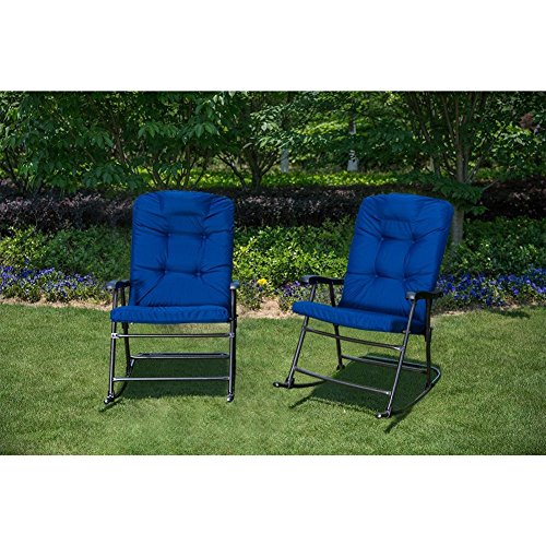 SunLife Outdoor Foldable Modern Rocking Chair Set, Patio/Backyard / Camping Lounge Rockers with Blue Padded Cushions, Set of 2 - Thumbnail 7