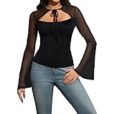 WISFRUIT Women's Sexy Sheer Lace Top Open Front Tie Long Bell Sleeve Fitted Crop Tops Blouses