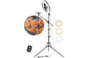 LUXSURE Selfie Ring Light with Stand for Phones, Ring Light Tripod for iPhone, Overhead Phone Mount 10.5" with Phones Stand and Remote, Phone Tripod with Light for Video Recording/Live Stream/Cooking