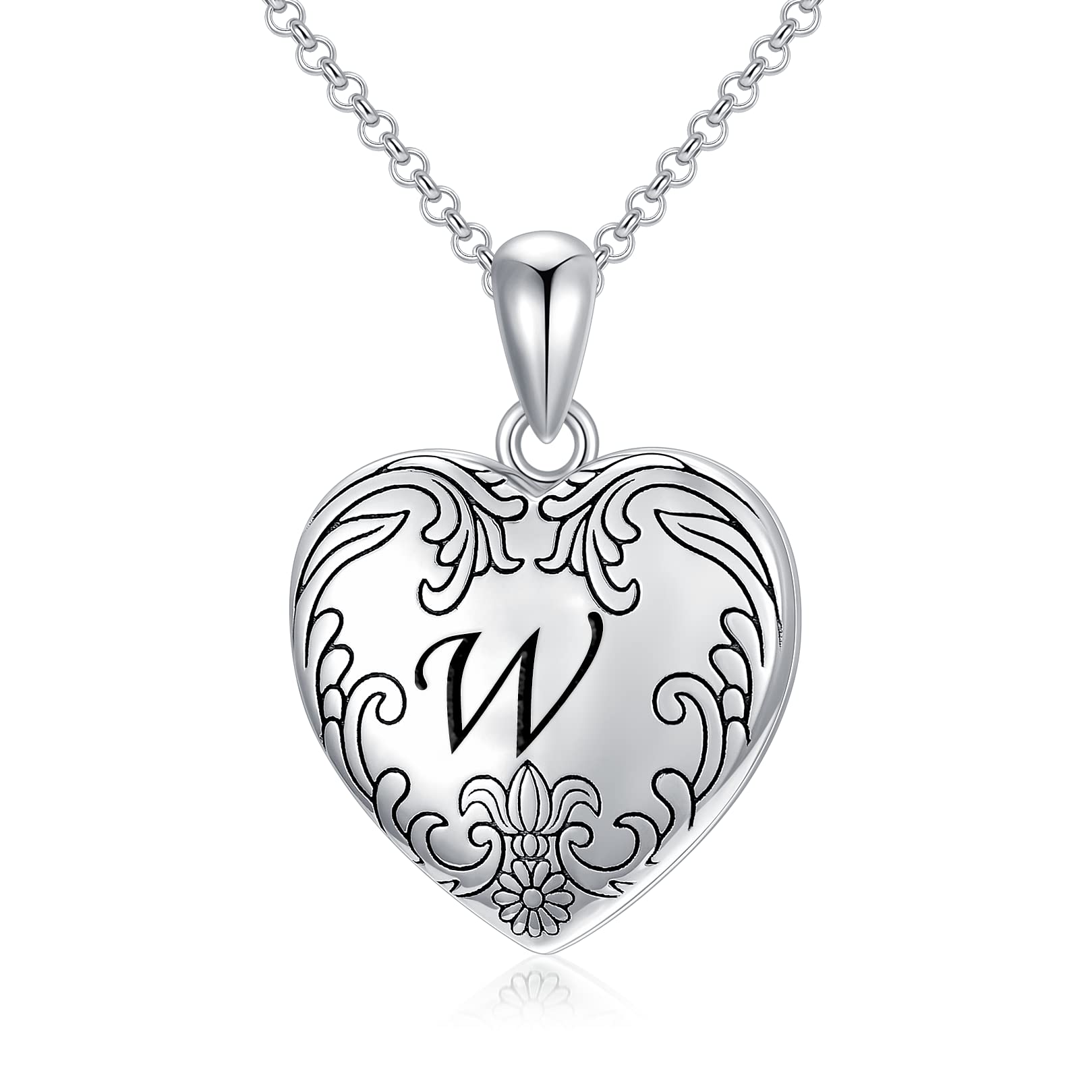 SOULMEET 18K White Gold Plated Silver Cameo Initial Heart Locket Necklace That Holds Pictures Photo Locket Necklace Alphabet W (Locket only),Gift for Women Girls