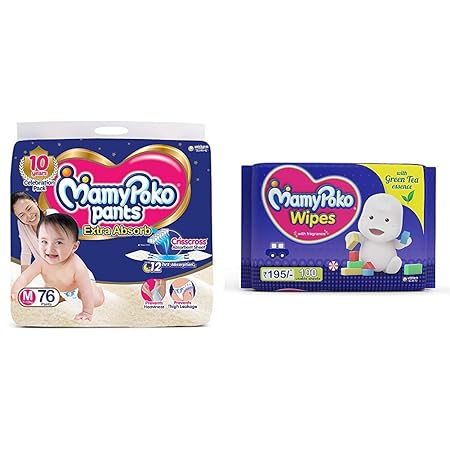 MamyPoko Pants Extra Absorb Diaper, Medium (Pack of 76) & MamyPoko Wipes with Green Tea Essence - Pack of 100 * 2 Wipes with Fragrance (100 * 2 = 200 Wipes)