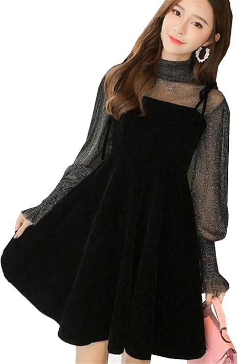 Amazon Jiangwei レディース ワンピース レース 2点セット ベストワンピース キャミソール 長袖 パフスリーブ インナー おしゃれ きれいめ エレガント 春夏秋 ワンピース チュニック 通販