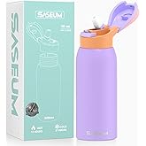 Saseum Kids Water Bottle with Straw, 16 oz Free-Sip Double-Wall Vacuum Insulated Stainless Steel Bottle, One-Click Open Design with Soft Silicone Spout, BPA-Free, Ideal for School, Sports & Travel