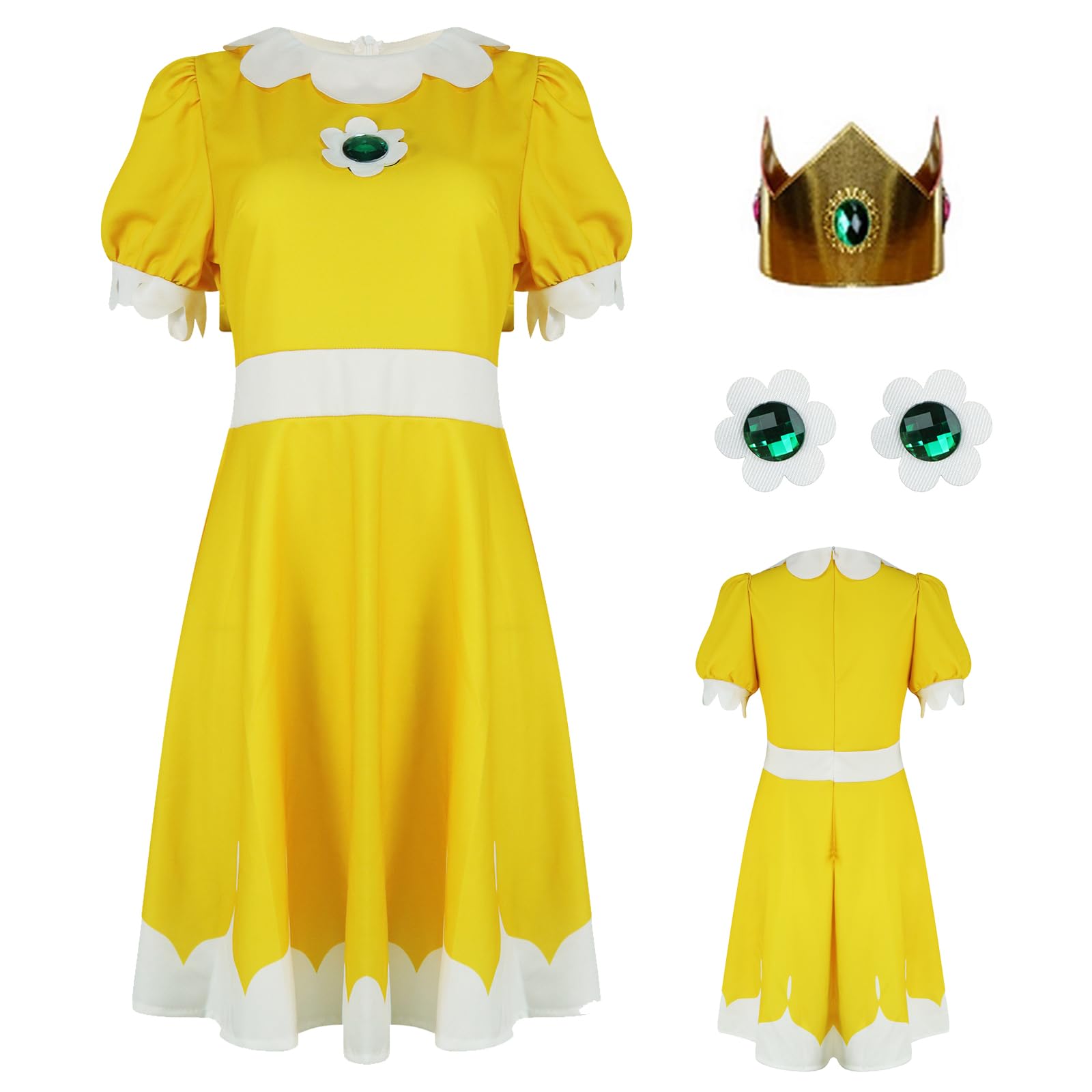 AYYOHON Princess Peach Cosplay Costume Women Princess Daisy Rosalina Tennis Dress with Crown Earrings Adult Halloween Suit XS