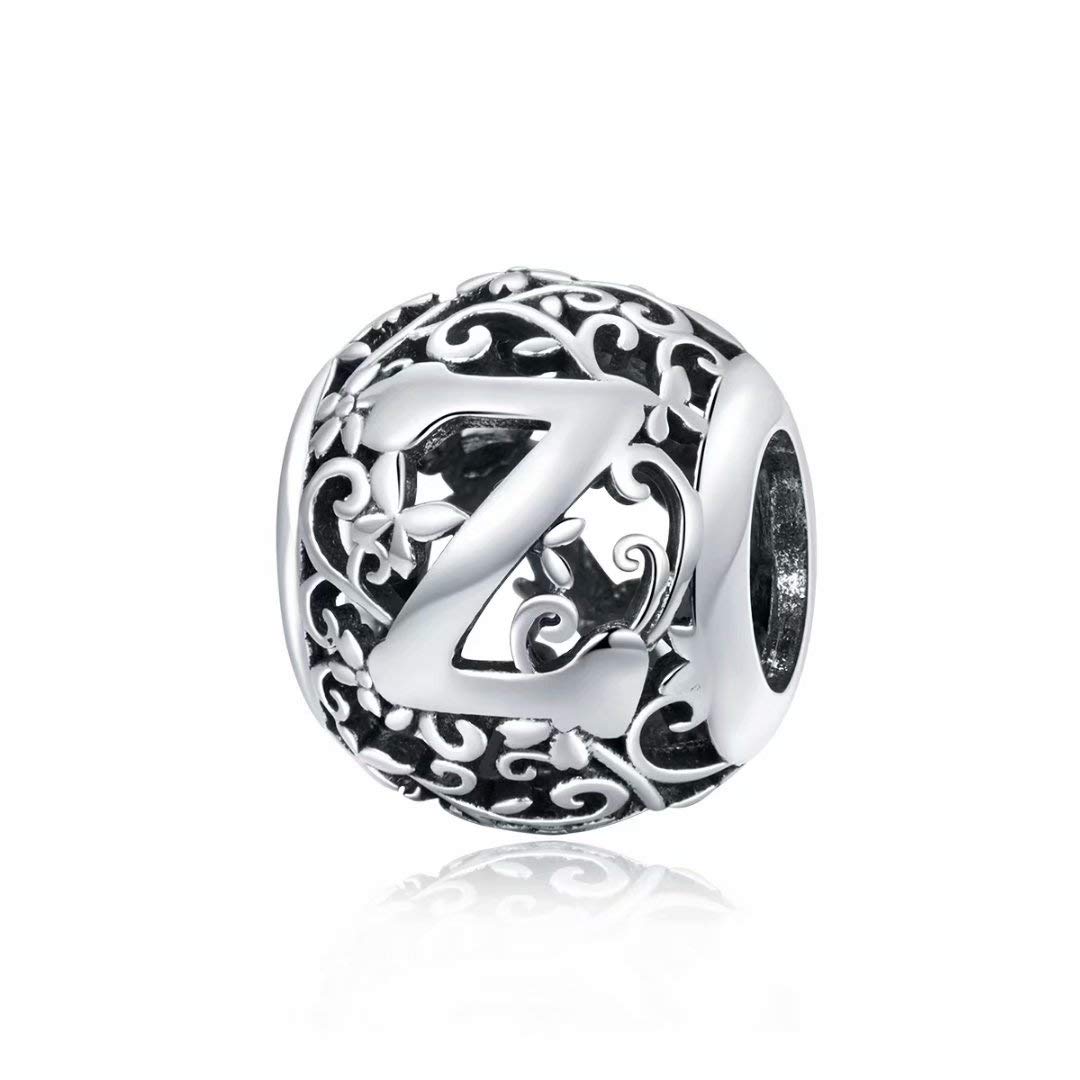 Qings Letter Beads Z Alphabet Beads 925 Sterling Silver Initial Charms for Bracelets Necklace Compatible Openwork Bead Charms Bead Letters Z Birthday Gift for Women Girls