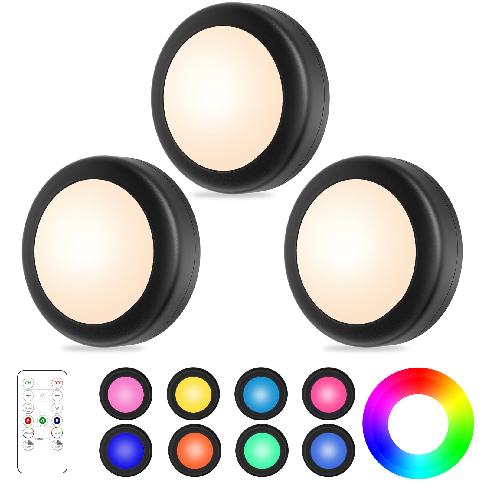 WUYOR Wireless Under Cabinet Lights with Remote 3 Pack - 16 LED Colour Changing Under Cabinet Touch Control, Battery Operated, Kitchen Lighting with Adjustable Brightness, Under Counter Puck Lights