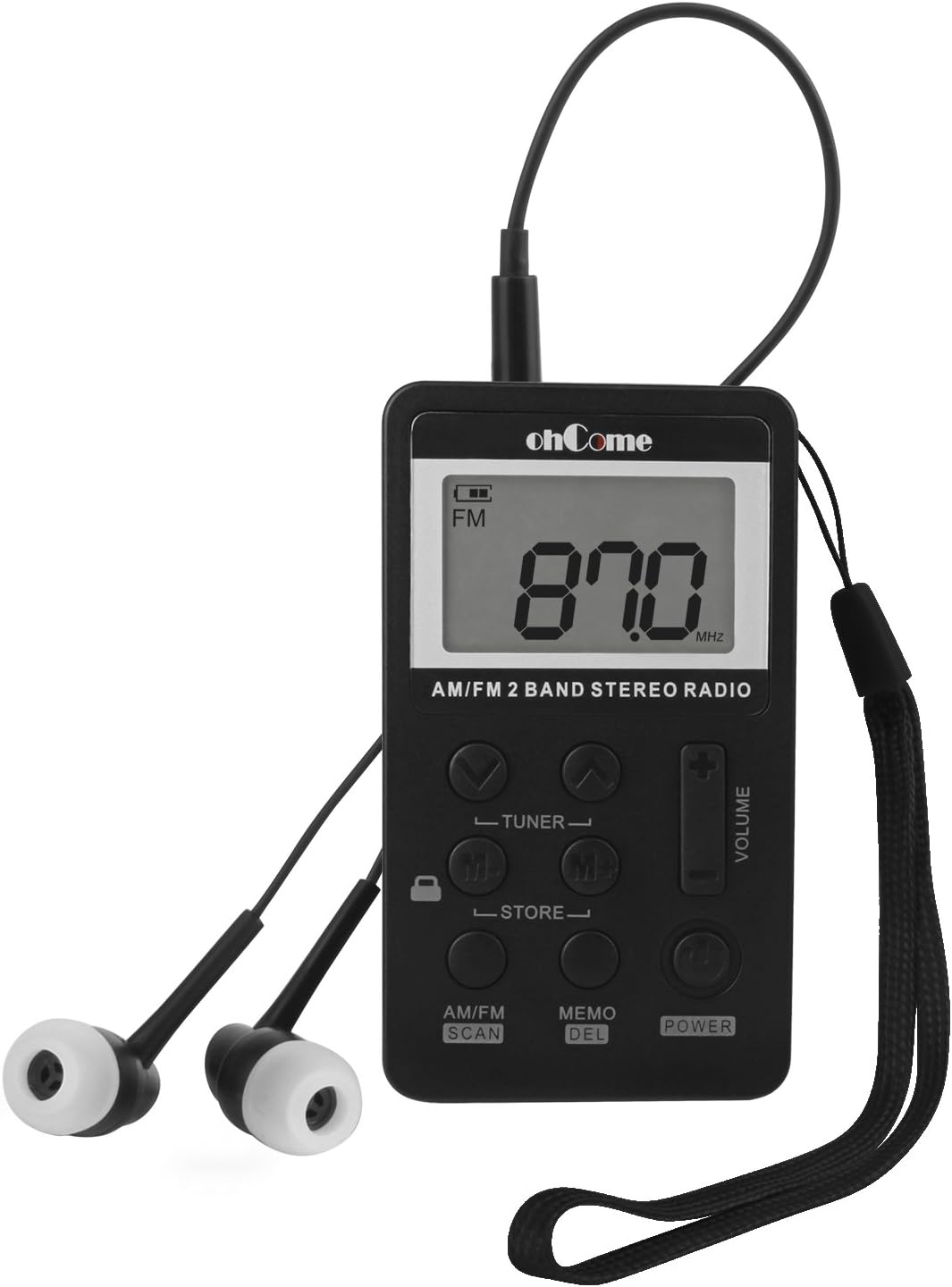 ohCome Pocket AM FM 2 Band Stereo Radio Mini DSP Digital Tuning Receiver with LCD Screen Rechargeable Battery and Earphone for Walking (Black)
