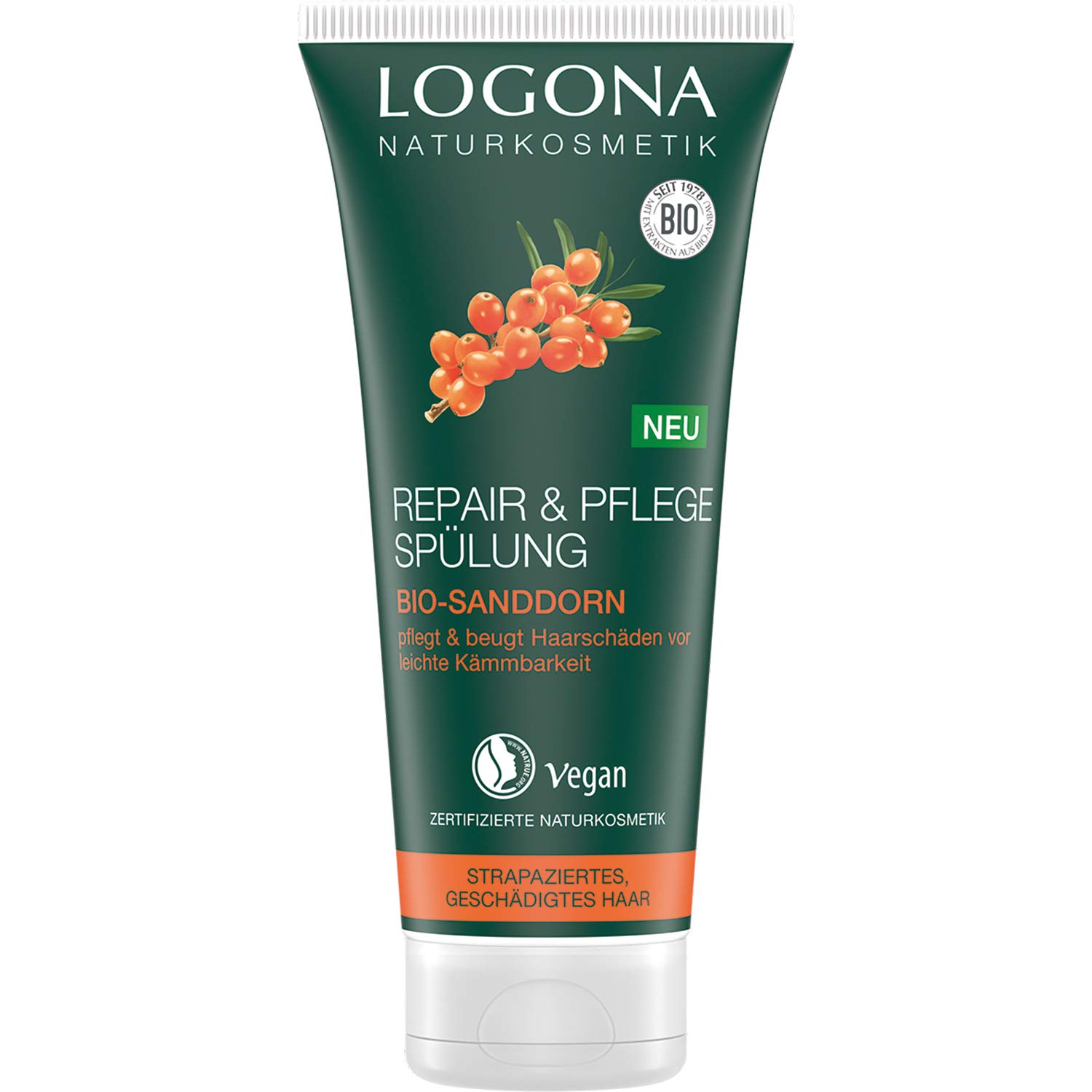LOGONA Naturkosmetik & Care Conditioner Organic Sea Buckthorn Intesive Care for Dry, Damaged Hair Reaperted, 200 ml
