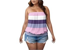 Women Plus Size Tube Top Summer Striped Color Block Strapless Pleated Bandeau Shirt Sleeveless Off Shoulder Tunic Top