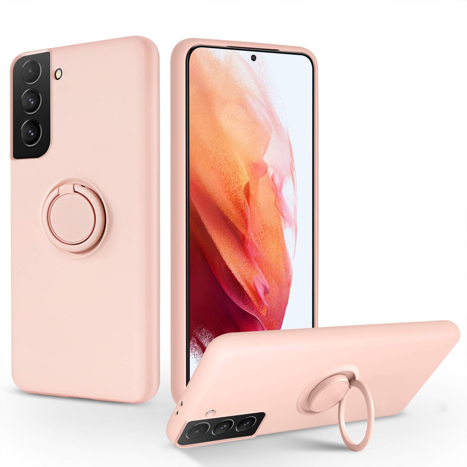 SouliGo Samsung Galaxy S21 Case Silicone Gel 360° Ring Holder Kickstand for Magnetic Car Mount Slim Soft Rubber Anti-Scratch Protective Shockproof Phone Cover for Samsung S21 5G 6.2" 2021 - Pink