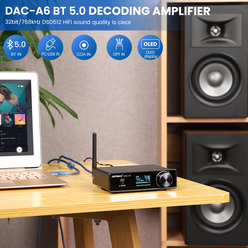 AIYIMA DAC A6 Bluetooth DAC Decoder 32 bit/768kHz DSD512 Support LDAC/aptX-HD with OLED Display Remote Control for Speaker Amplifier