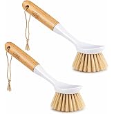 Kitchen Dish &amp; Cast Iron Brush with Scraper, [2 Pack] Skillet Scrub Cleaner with Handle, Kitchen Cleaning Scrubber for Dishes, Pots, Cast Iron Skillet, Non-Stick Frying Pans, Sinks and House Cleaning