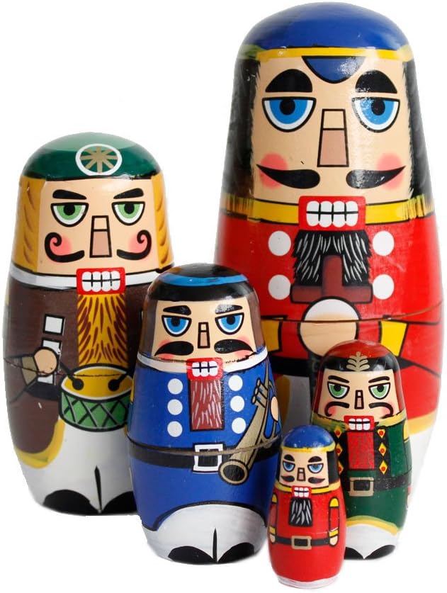 OJIN 5pcs Cute Handmade Russian Nesting Doll Playsets Authentic Wooden Walnut Soldier Nesting Dolls Stacking Dolls Collection Decoration (Walnut Soldier)
