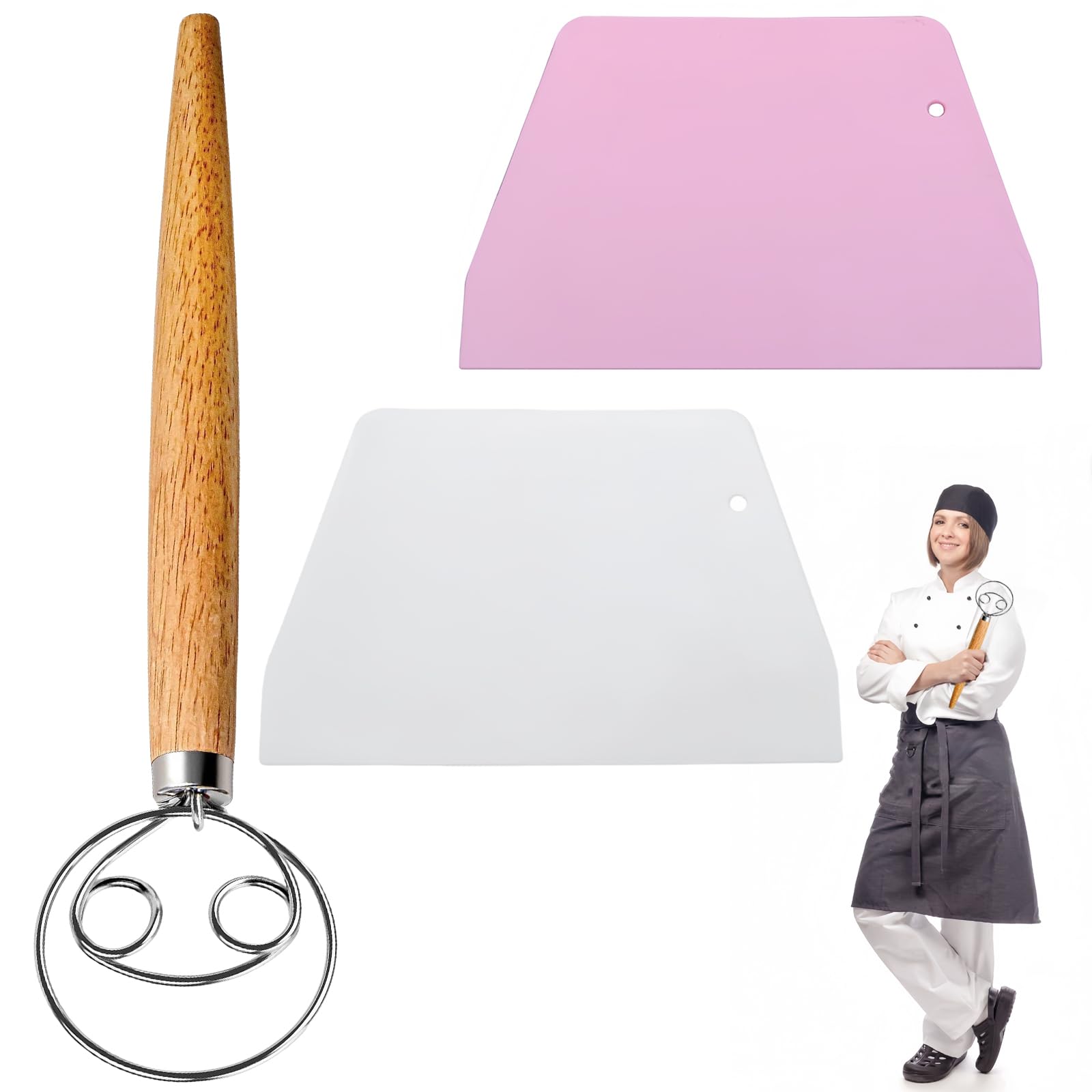 3 Pcs Long Wooden Handle Bread Dough Mixer and Scraper - Stainless Steel Easy Whisk for Dough and Cake Making