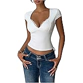 Floerns Women's Y2k Lace Trim V Neck T Shirts Cap Sleeve Fitted Summer Crop Tops
