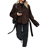 utcoco Womens Cropped Wool Coats Belted Double Breasted Pea Coat Short Jacket Notched Lapel Trench Coat with Pockets