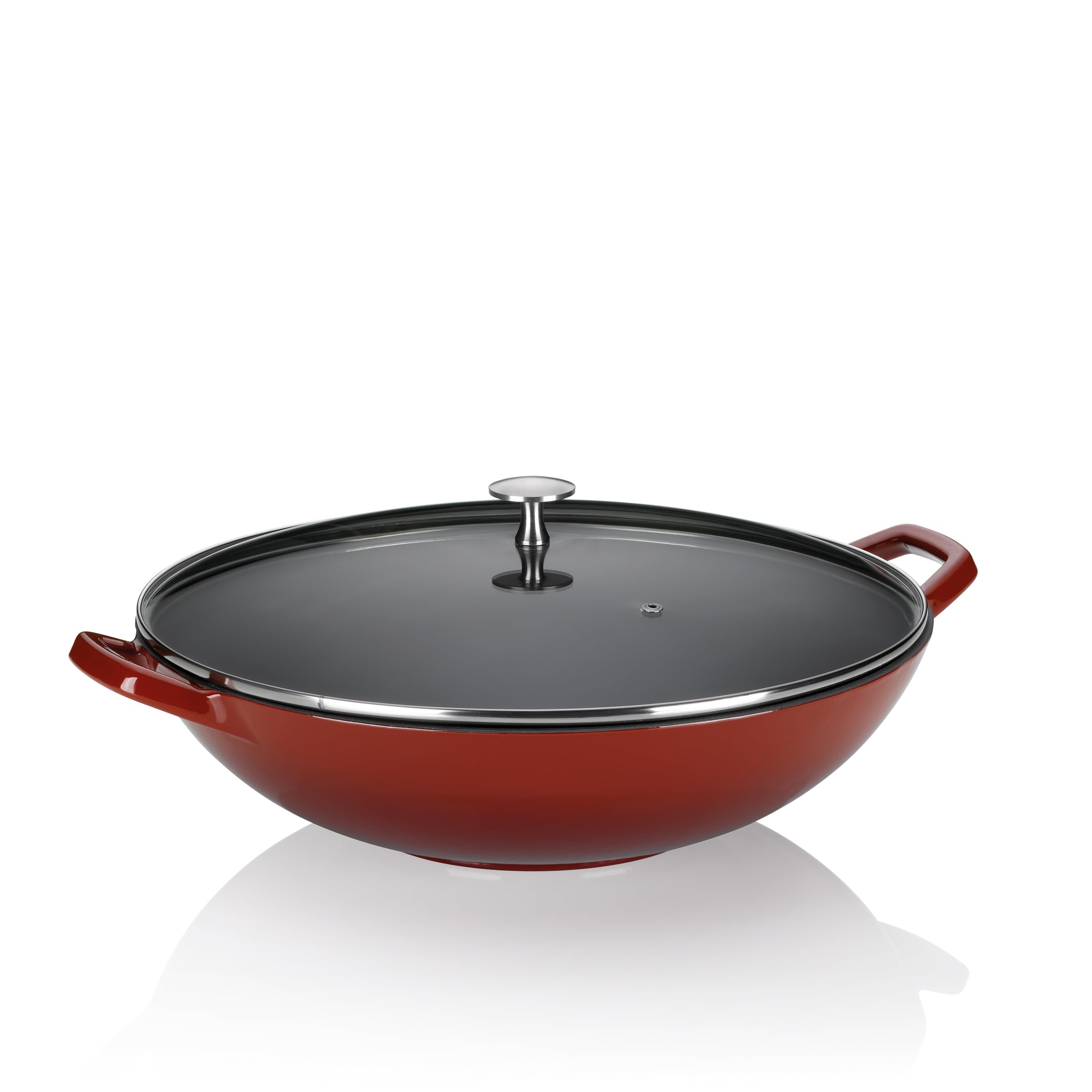 kela cast Iron Wok with Glass lid 36 cm CALIDO, Induction Wok, Wok pan with lid, Enamelled, red