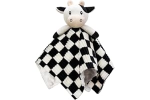BEILIMU Cow High Contrast Baby Security Blanket for Babies, Soft 3D Checkerboard Lovey with Minky Dot Fabric Backing, Newborn Boys and Girls Snuggle Stuffed Animal Blankie 14 Inch