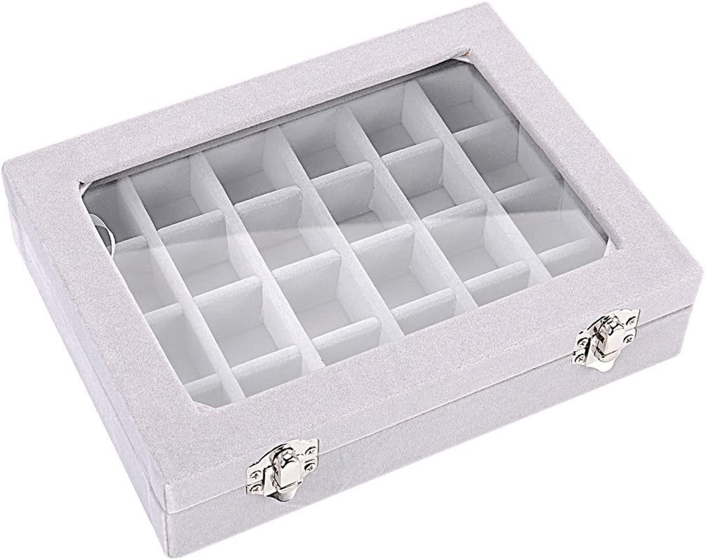 Ivosmart 24 Section Velvet Glass Jewelry Ring Display Organiser Box Tray Holder Earrings Storage Case (Grey): Home & Kitchen