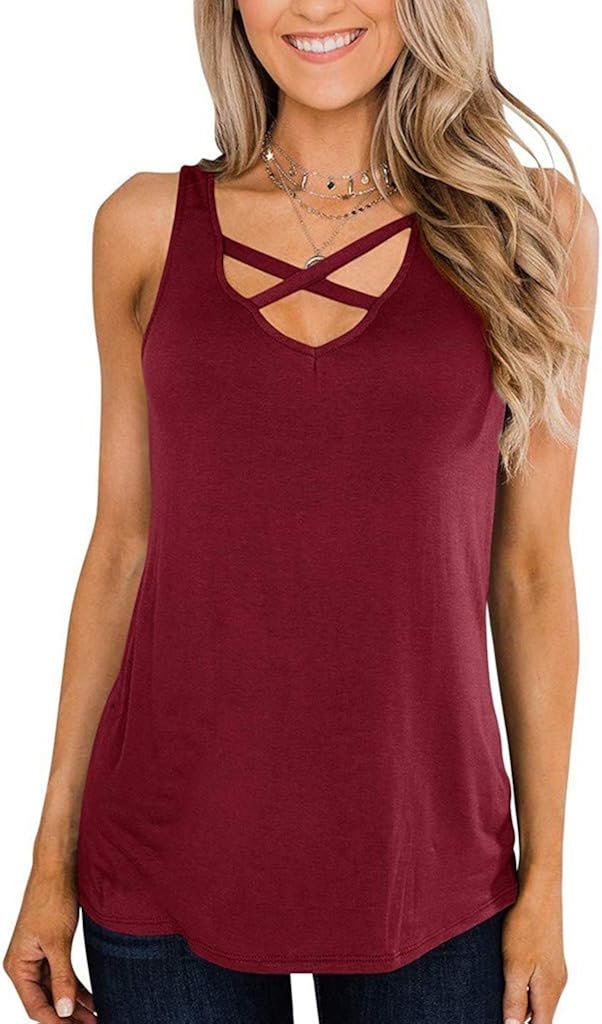 Xinantime Womens Summer Solid Colour V Neck Sleeveless Casual Loose Criss Cross Tank Tops