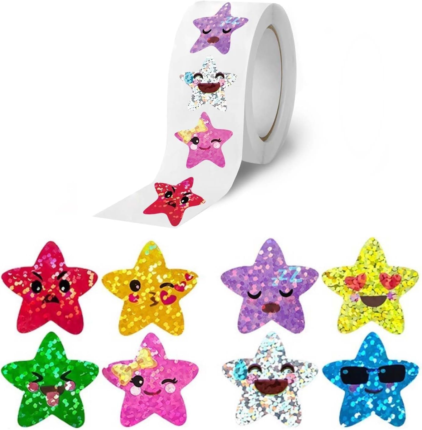 500pcs Glitter Smiling Star Stickers, 1 Inch Sparkly Star Stickers for Children, Shiny Smiling Face Sticker Roll for Reward Awards, Students Teachers Classroom, Homework, Crafts Supplies (2)