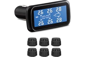 B-Qtech Tire Pressure Monitoring System (0~199PSI) 6 External Sensors, CLA Charger RV TPMS 5 Alarm Modes for Trailer Tow Motorhome Travel Car, Tire Pressure Temperature Real Time Monitor