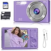 Digital Camera, Autofocus 4K Camera for Photography with 64GB Card, 44MP Portable Compact Point and Shoot Digital Camera for Teens Adult Kids Beginner with 16X Zoom, Anti-Shake (Hell Purple)