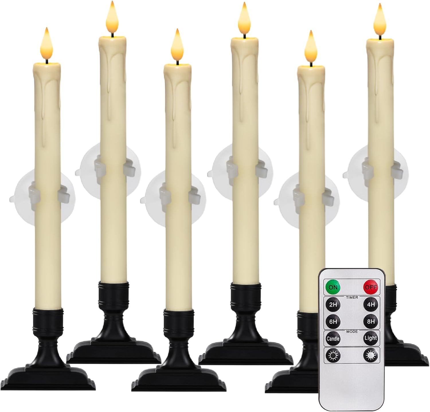Lighting - Homemory 6 Pcs Window Candles with Remote Timer Dimmer, Christmas Candles for Window Battery Operated, Ivory Flameless Taper Candles with Holders and Suctions, LED Candlesticks for Xmas Holiday Decor