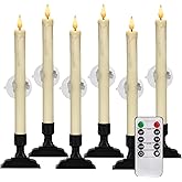 Homemory 6 Pcs Window Candles with Remote Timer Dimmer, Christmas Candles for Window Battery Operated, Ivory Flameless Taper Candle with Holders and Suctions, LED Candlesticks for Xmas Holiday Decor