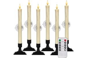 Homemory 6 Pcs Window Candles with Remote Timer Dimmer, Christmas Candles for Window Battery Operated, Ivory Flameless Taper Candle with Holders and Suctions, LED Candlesticks for Xmas Holiday Decor