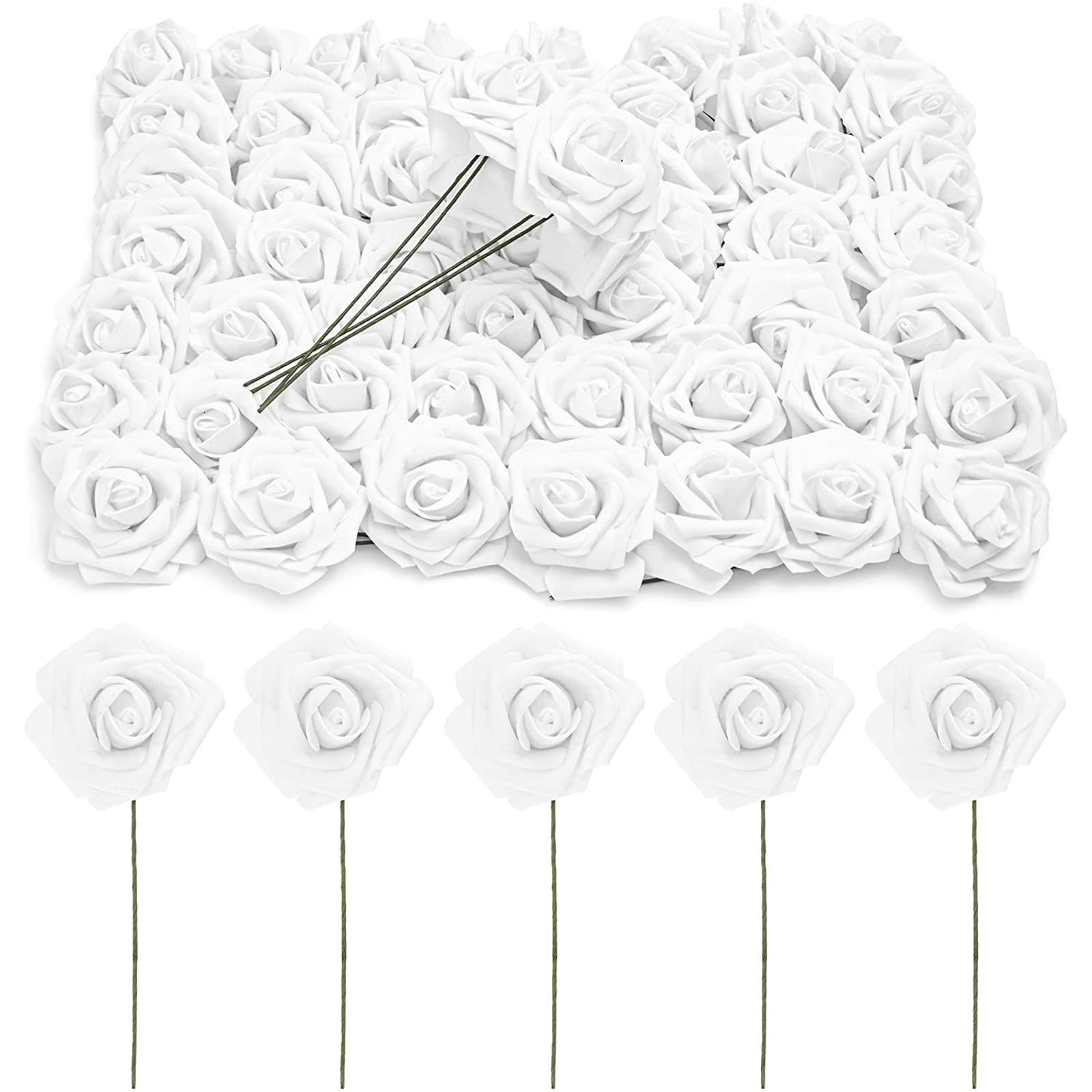 Bright Creations 3" Artificial Rose Flowers 60pcs Real Looking Fake Rose with Stem for DIY Wedding Bouquets and Bridal Shower, White