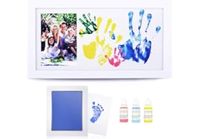 NWK DIY Family Photo + Family Hand/Footprints Kit with 10 X 17inch Elegant White Wood Picture Frame, Non-Toxic Watercolor Paints, Baby Shower Adoption Father's Day Gift for New Mom Dad (with Ink pad)