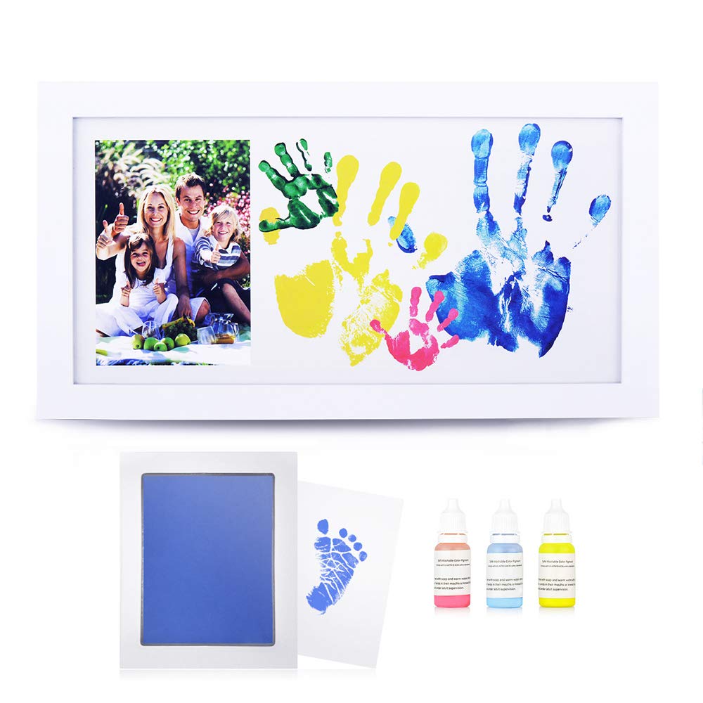 NWK DIY Family Photo + Family Hand/Footprints Kit with 44cm X 23.8cm Elegant White Wood Picture Frame, Ink Pad, Non-Toxic Watercolor Paints, Mother’s Day Gift