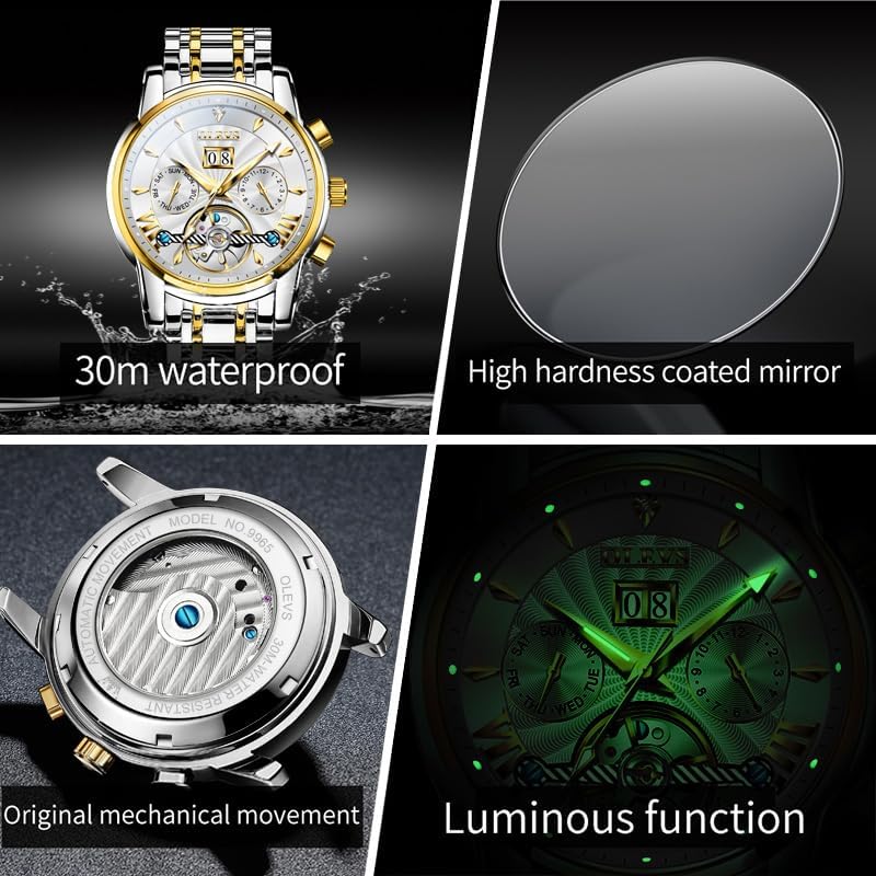 OLEVS Men Automatic Watch Stainless Steel Skeleton Mechanical Date Calendar Luxury Classic Business Waterproof Luminous Wrist Watches