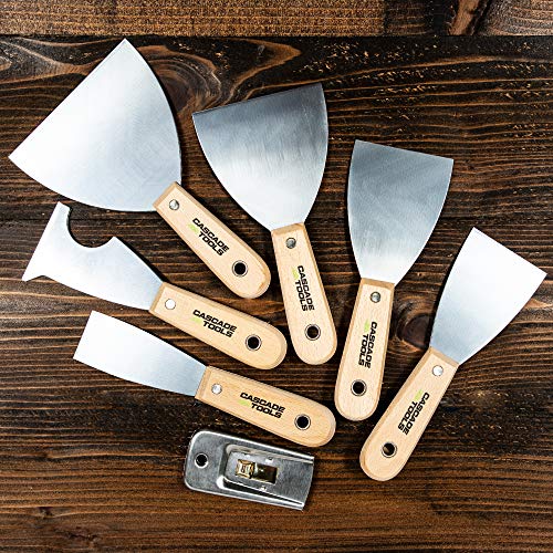 Putty Knife, Multi Tool & Scraper set (7 PIECE SET - 100% STAINLESS STEEL & WOOD HANDLE) - Wall Scraper & Drywall Knife - Perfect for Spreading Drywall Spackle & Mud, Taping, Scraping Paint, and More