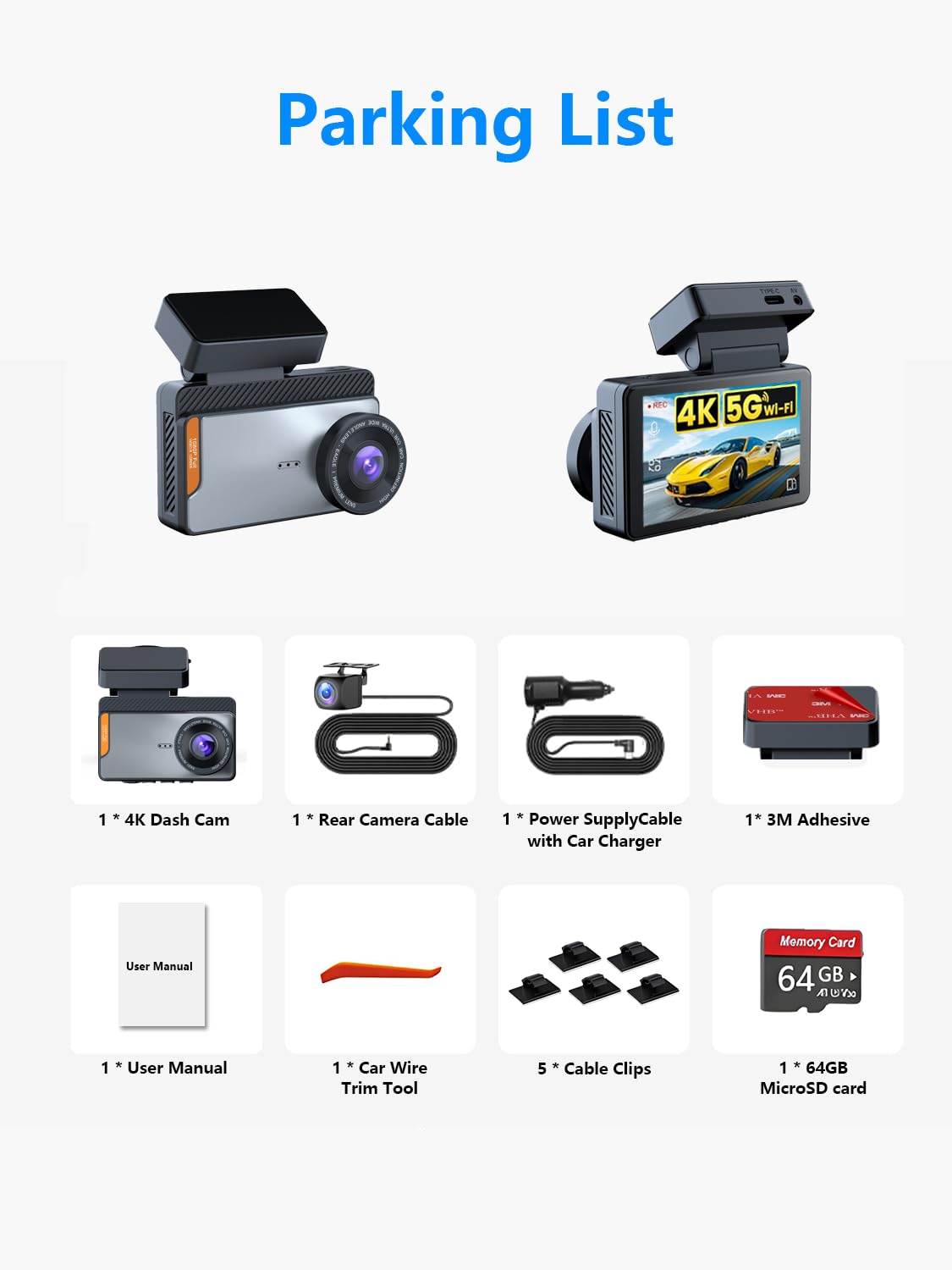 4K Dual Channel Dash Cam Front and Rear, Free 64GB Card Included, 5.8GHz WiFi Dash Camera for Cars, Built-in GPS, G-Sensor, 170°Wide Angle, 3